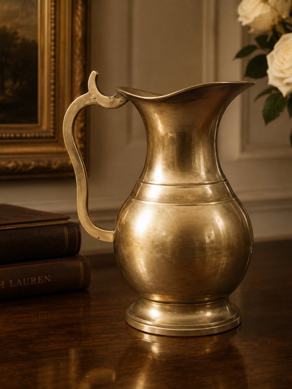 Vintage Solid Brass Pitcher Jug With Elegant Ornate Curved Handle